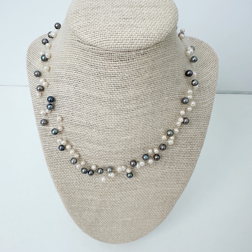 Genuine Black Pearl & White Pearl Illusion Necklace